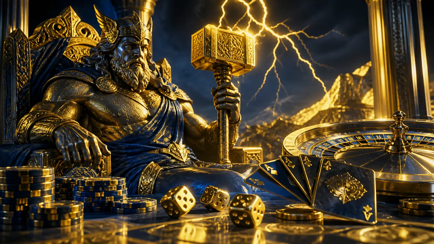 Stunning casino-themed hero banner for Thorfortune, featuring luxurious elements like poker chips and glowing dice with a ric
