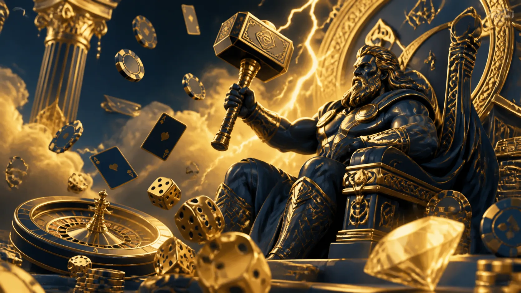 Luxurious casino-themed hero banner with vibrant Thorfortune elements, featuring poker chips, glowing dice, and fantasy motif